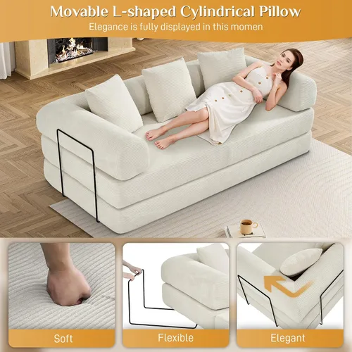 Vista 6 de DAMAIFROM - Sofá cama convertible sin huesos, color beige y blanco 80" Corduroy Modular Compressed Futon Sofa Bed, Pull-Out Cloud Loveseat with