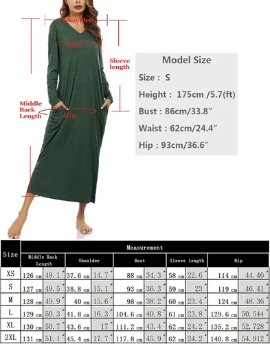 Vista 7 de Marvmys Camisones largos de algodón para mujer, camisones de manga larga, cuello en V, camisas de dormir de longitud completa con bolsillo