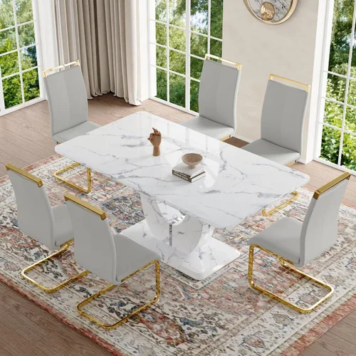 Vista 30 de Moderno juego de mesa de comedor de mármol sintético para 4, mesa de cocina rectangular blanca de 63 pulgadas con elegante base de pedestal