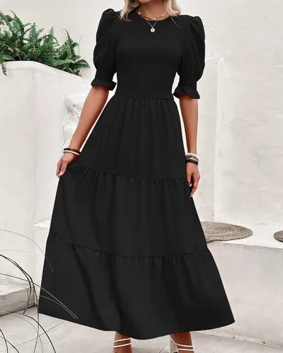 Vista 45 de BTFBM Vestidos para mujer, cuello redondo, casual, de verano, con volantes, manga corta, bohemio, con niveles, fruncido, largo, con estampado floral
