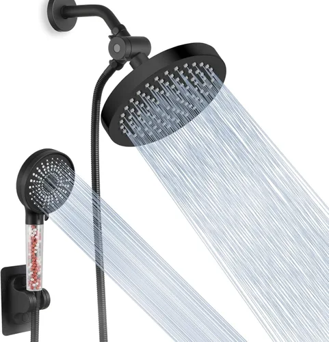 Vista 8 de Voolan Cabezal de ducha de lluvia de alta presión con combo de rociador de mano, cabezal de ducha con filtro de mano con soporte autoadhesivo