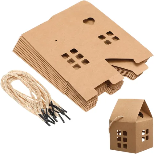 Vista 4 de Cajas de regalo en forma de casa, 10 bolsas de mano para dulces y galletas, papel kraft ecológico, perfecto para fiestas de vacaciones, bodas