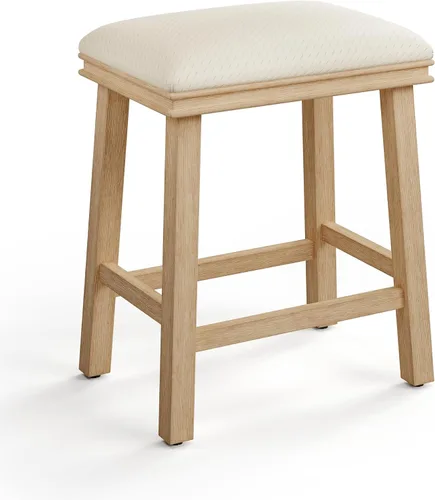 Vista 23 de ALPHA HOME Taburete de bar, taburete de cocina de silla de montar de madera maciza con cojín de tela de lino beige, taburete de bar de altura