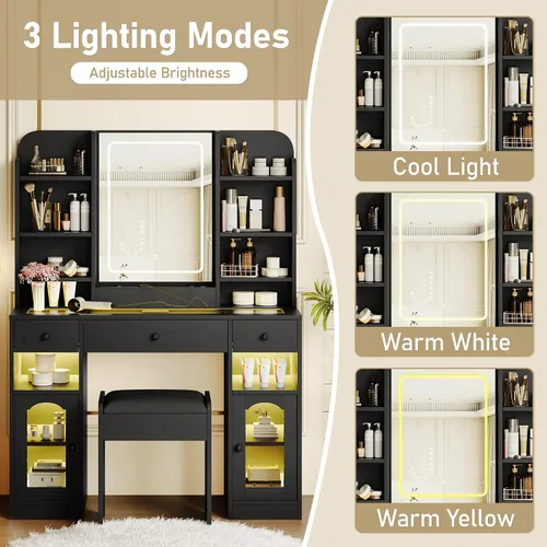 Vista 4 de Escritorio de tocador de 43.2 pulgadas con iluminación controlada por aplicación, tocador de maquillaje con espejo LED y luces RGB iluminadas Negro