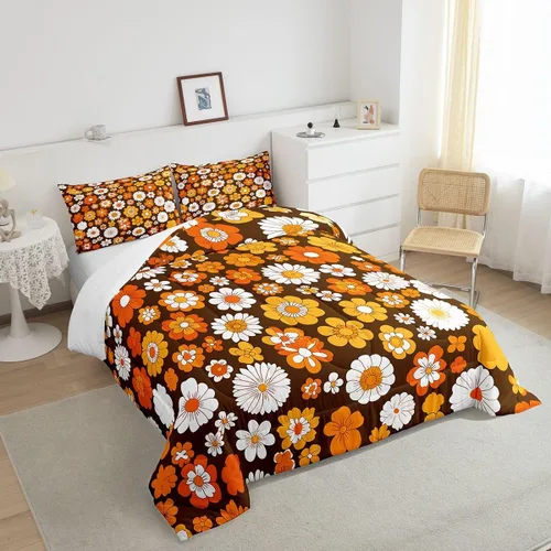 Vista 4 de Feelyou Juego de edredón Groovy de los años 60 y 70 para niños, edredón retro de flores hippie para niños y adolescentes, juego de ropa de cama
