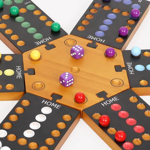 Vista 5 de Juego de mesa de mármol, juego de mesa de madera para 4 y 6 jugadores, juego de mármol original portátil con 24 canicas, 12 dados para familiares