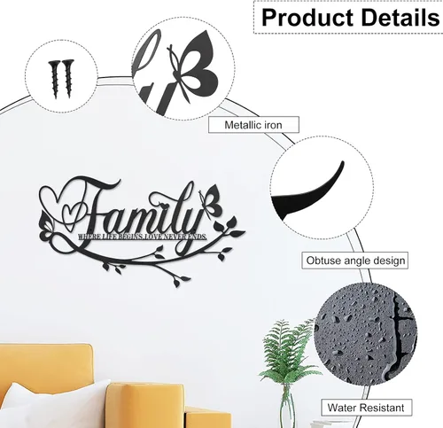 Vista 3 de AUHOKY Letrero de metal con texto en inglés «Family Where Life Begins Love Never Ends» («Family Where Life Begins Love Never Ends») para decoración