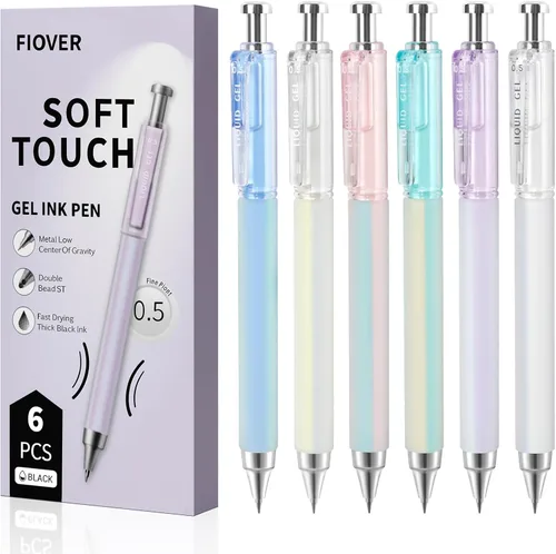 Vista 8 de FIOVER Bolígrafos de gel, 6 bolígrafos de tinta negra de secado rápido de 0.020 in, bolígrafos de escritura suave de punta fina, retráctiles