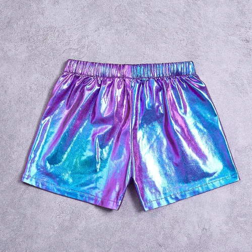 Vista 6 de Pantalones cortos metálicos de piel sintética para niñas pequeñas, pantalones cortos de Halloween con lazos para el pelo de murciélago
