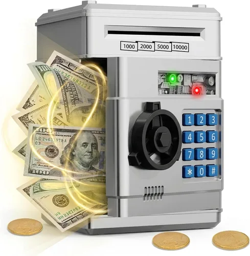 Vista 21 de Refasy Alcancía para dinero en efectivo, cajero automático, banco electrónico de monedas para niños de 3 a 12 años, caja de ahorro de dinero, mini