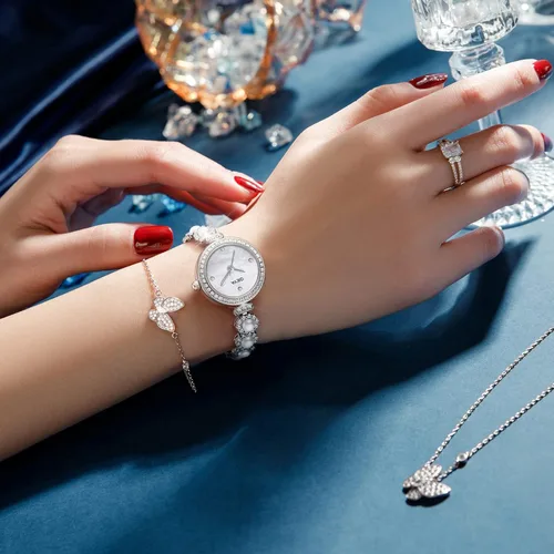 Vista 3 de Redhai Women Watches Analog Quartz Watch Mosaic with Diamonds Pearl Bracelet Dress Watch for Female Waterproof Wristwatch with Rhinestones Bracelet