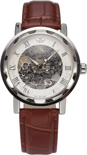 Vista 2 de Reloj de pulsera de cuero marrón mecánico con esfera blanca para hombre PMW302, Blanco