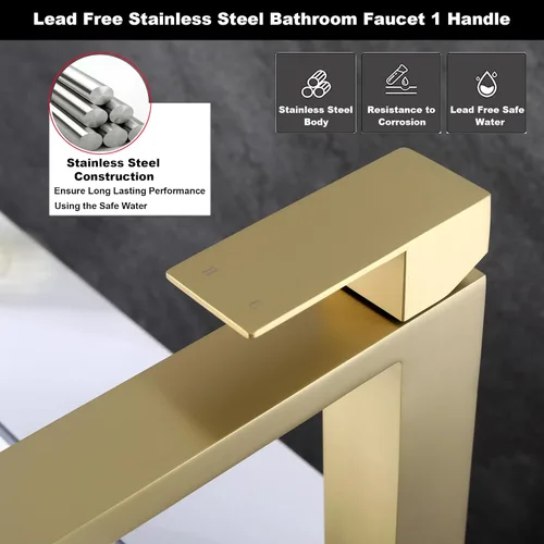 Vista 5 de llave de fregadero dorado cepillado, grifo de baño dorado de un solo agujero, grifo de fregadero de una sola manija alto con desagüe desplegable