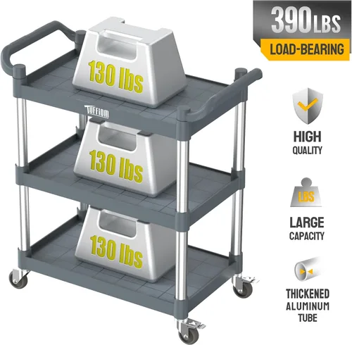 Vista 23 de TUFFIOM Carrito de servicio de plástico de 3 niveles con ruedas, resistente capacidad de 390 libras, rodante comercial, ideal para restaurantes