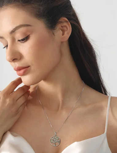 Vista 2 de YL - Collar con dije de árbol de la vida de plata esterlina con piedras preciosas y chapado en oro blancorosado