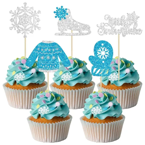 Vista 26 de Gyufise 24 piezas de copos de nieve Oh Baby Cupcake Toppers Glitter Winter Frozen Baby Shower Cupcake Picks para invierno, país de las maravillas