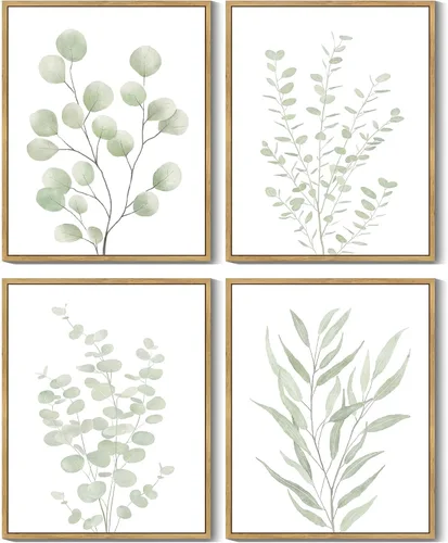 Vista 9 de KUVIOKE Arte botánico enmarcado bohemio para pared de plantas de baño, decoración de pared, impresiones de hojas de eucalipto verde salvia, estética