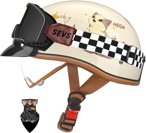 Vista 16 de Casco Moto Retro Jet para hombres y mujeres Homologado DOT, Medio Casco ABS, Ventilación Doble, Visera Retráctil y Forro Desmontable Fresco