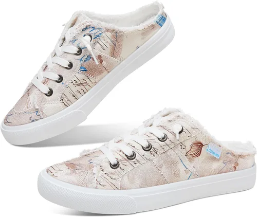 Vista 22 de Obtaom Sandalias de lona para mujer con espuma viscoelástica Clipper, tenis de moda, cómodas, fáciles de poner, sandalias sin tacón para mujer Beige