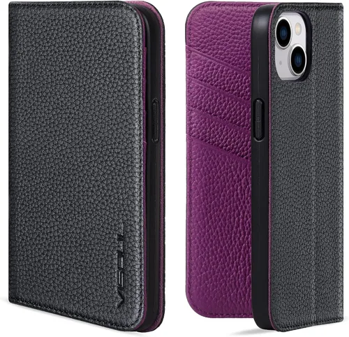 Vista 11 de VISOUL Funda de cuero con diseño de guijarros para iPhone 14 Plus, funda tipo cartera de cuero real con tarjetero y función atril magnética