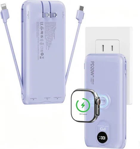 Vista 10 de Portable Charger 10000mAh 20W, Wall Plug, 2 Cables, iWatch Charging Digital Display, Compact Lightweight, USB C Fast Charge, USB-A 18W, Multi