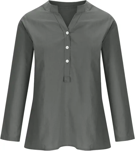 Vista 4 de Ceboyel Camisas de algodón y lino para mujer, blusa de verano con botones, manga enrollable, túnica de moda bohemia para mujer 2023
