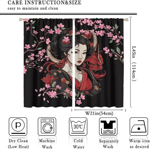 Vista 3 de Cortinas de geisha japonesas, flores rosas, ramas de árbol, sexy, glamour, para mujer, encantador, estética, oriental, con bolsillo para barra
