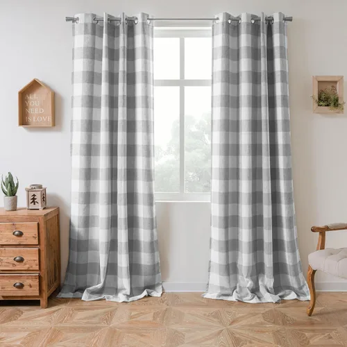 Vista 38 de Cortinas de cuadros de búfalo DriftAway a cuadros negro y blanco extralargas con tratamiento ojo de sargento para dormitorio y sala de estar