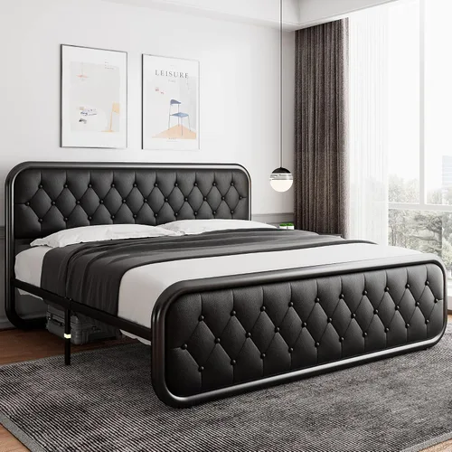 Vista 8 de iPormis Marco de cama de metal tamaño completo con cabecera de cuero, marco de cama de plataforma resistente, soporte de listones de acero metálico