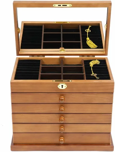 Vista 2 de Joyero organizador de 6 capas con cerradura y espejo, cajas de joyería de madera de trébol de cuatro hojas de la suerte y organizadores