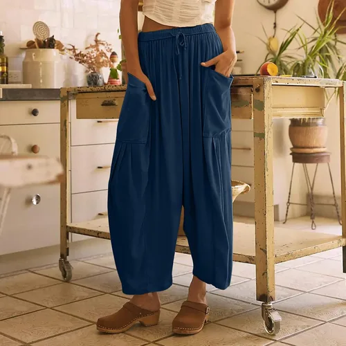 Vista 4 de Quinn - Pantalones de lino para mujer, talla grande, de pierna ancha, con bolsillos, holgados, hippie, harén, bohemios, para playa