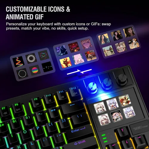 Vista 3 de Teclado mecánico con teclas programables completas, panel de macros controlador de transmisión con pantalla y perilla, junta de transmisión