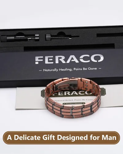 Vista 6 de Feraco Pulsera de cobre para hombre 3 veces más fuerza, 2 pulseras de terapia magnética de cobre con potentes imanes de 3800 Gauss, cierre plegable