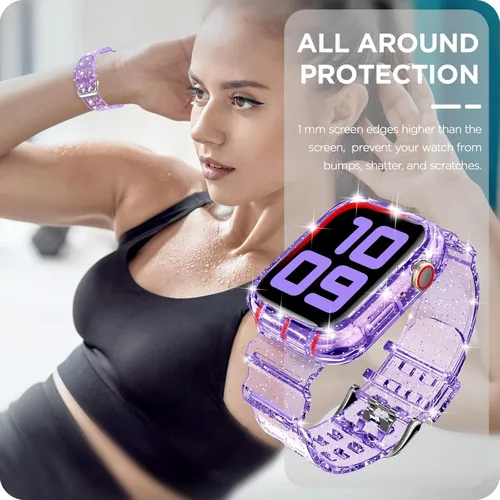 Vista 235 de DABAOZA - Correa transparente compatible con Apple Watch con estuche protector, correa deportiva de TPU con brillo para mujeres y hombres