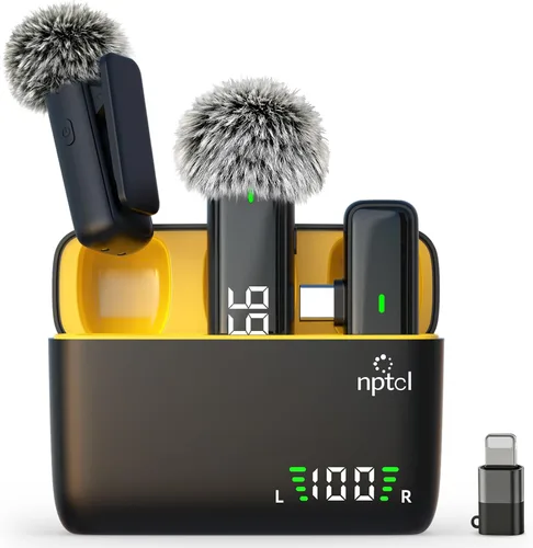 Vista 13 de NPTCL 2 en 1 Micrófono de solapa Lavalier inalámbrico para iPhone iPad Android Noise Canceling Clip Mic, LED Charge Display, 70Ft Transmission, 24