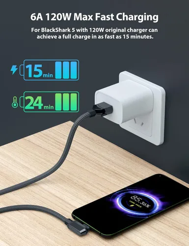 Vista 2 de iMangoo Cable USB C de 6 pies para Xiaomi 120W de carga rápida, 6A tipo C, cable de nailon trenzado de ángulo recto USBC a USB A cargador