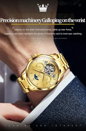 Vista 3 de OLEVS Watches Mens Automatic Self Winding Mechanical Gold Skeleton Fashion Luxury Dress Moon Phase Stainless Steel Tourbillon Mens Wrist Watch Day