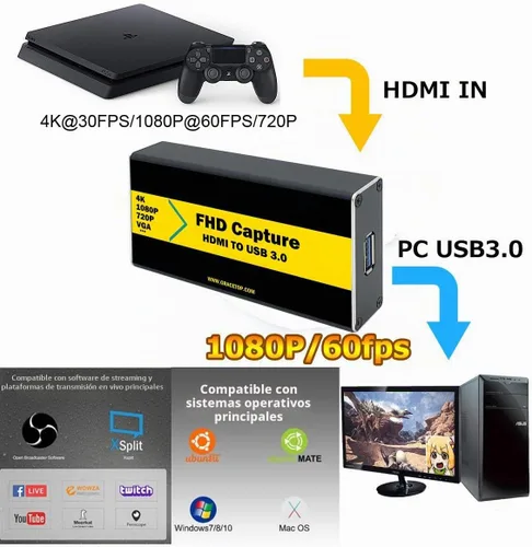 Vista 3 de Tarjeta de captura de video 4K 30FPS 1080P 60FPS a USB 3.0 con cable HDMI 4K HDMI a USB 3.0 para compatible con Windows, Linux, macOS, transmisión