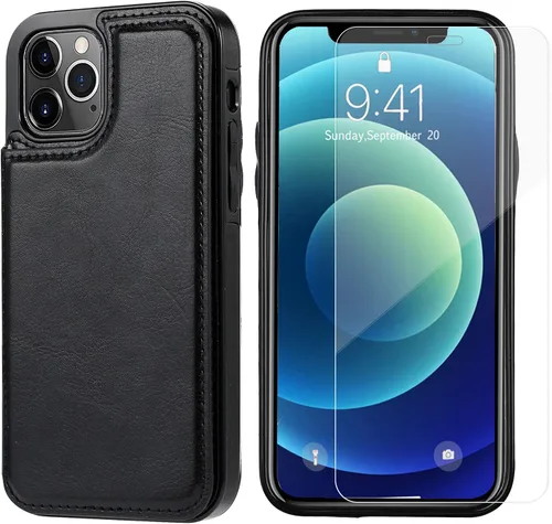 Vista 3 de Funda tipo cartera compatible con iPhone 12 Pro/12, funda protectora delgada con tarjetero, funda premium de cuero sintético con función atril