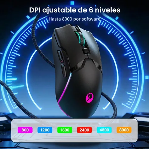 Vista 5 de Ratón para juegos con cable SPEEDORA, ratones ópticos ergonómicos de 8000 DPI con 12 modos de retroiluminación RGB, 6 botones programables, software
