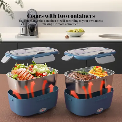 Vista 4 de Sitlais Lonchera eléctrica para adultos, calentador de alimentos portátil de calentamiento rápido con 2 recipientes de acero inoxidable 304 de 53