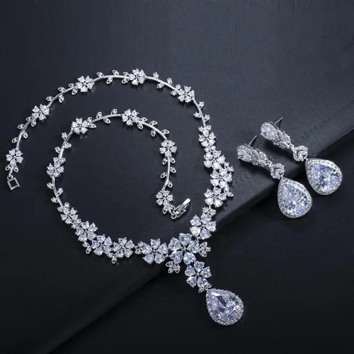 Vista 5 de SLFDXDP Joyería para mujer, joyería de boda, fiesta, disfraz de gota, flor de novia, conjuntos de collares para novias (color metal chapado en plata)