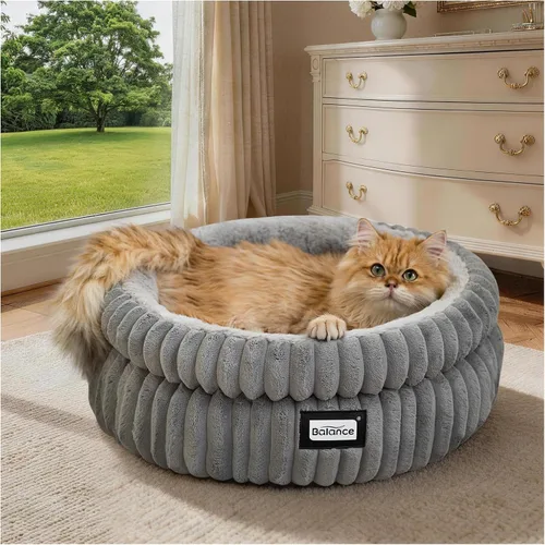Vista 8 de BALANCE Cama para gatos, cama redonda lavable para gatos de interior, cama de felpa súper suave de piel sintética para cachorros y gatitos con parte