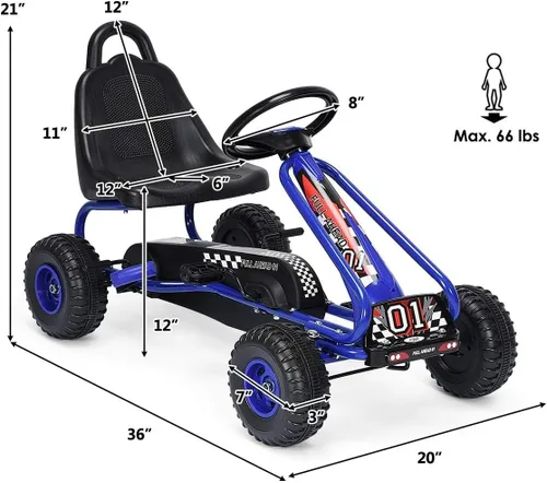 Vista 7 de Costzon Go Kart para niños, carrito de 4 ruedas alimentado por pedal con asiento ajustable, freno de mano y ruedas antideslizantes, auto de pedal