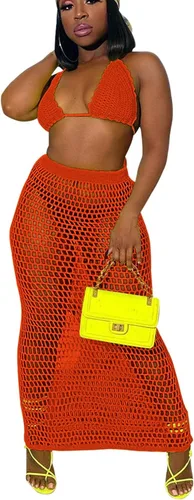 Vista 3 de Bluewolfsea Conjunto sexy de 2 piezas de playa para mujer, conjunto de bikini de malla de ganchillo y falda larga