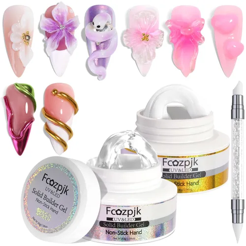 Vista 8 de Fcozpjk Gel constructor sólido de 30g para uñas y gel de esmalte de 15g, gel duro transparente no pegajoso para uñas con lápiz de tallado de Gel