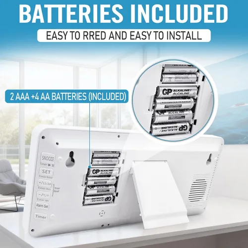 Vista 3 de Reloj de pared digital grande de 15 pulgadas con temporizador, pantalla de 8 idiomas para días de semana, temperatura y fecha, 3 alarmas
