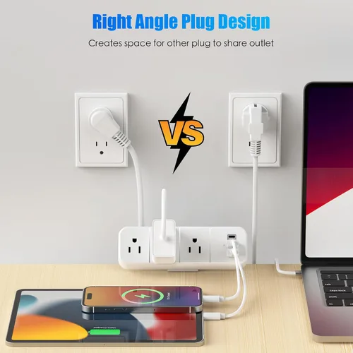 Vista 4 de Regleta de alimentación con abrazadera de escritorio con 2 puertos USB-A y 1 USB-C, 3 salidas de CA, cable de 6 pies, se adapta a borde de mesa