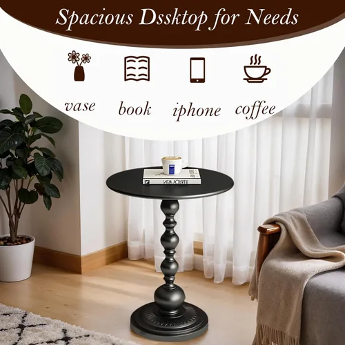 Vista 6 de Mesa Auxiliar – Mesa de Acento Pequeña Redonda de 13.8" con Base de Metal, Mesa de Café Vintage Multifuncional para Sala de Estar, Dormitorio