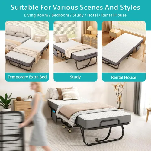 Vista 8 de Cama plegable con colchón para adultos, 75" x 31" cama rodante portátil tamaño catre, cama plegable de invitados con marco de metal con colchón